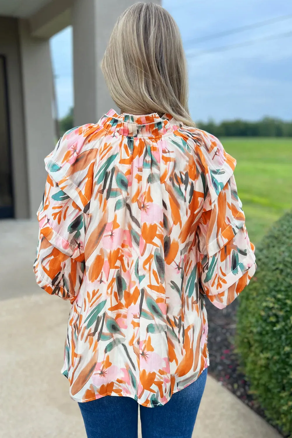 Abstract Print Drawstring Frilled V Neck 3/4 Sleeve Blouse