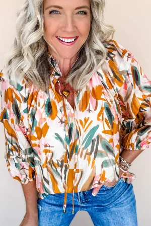 Abstract Print Drawstring Frilled V Neck 3/4 Sleeve Blouse