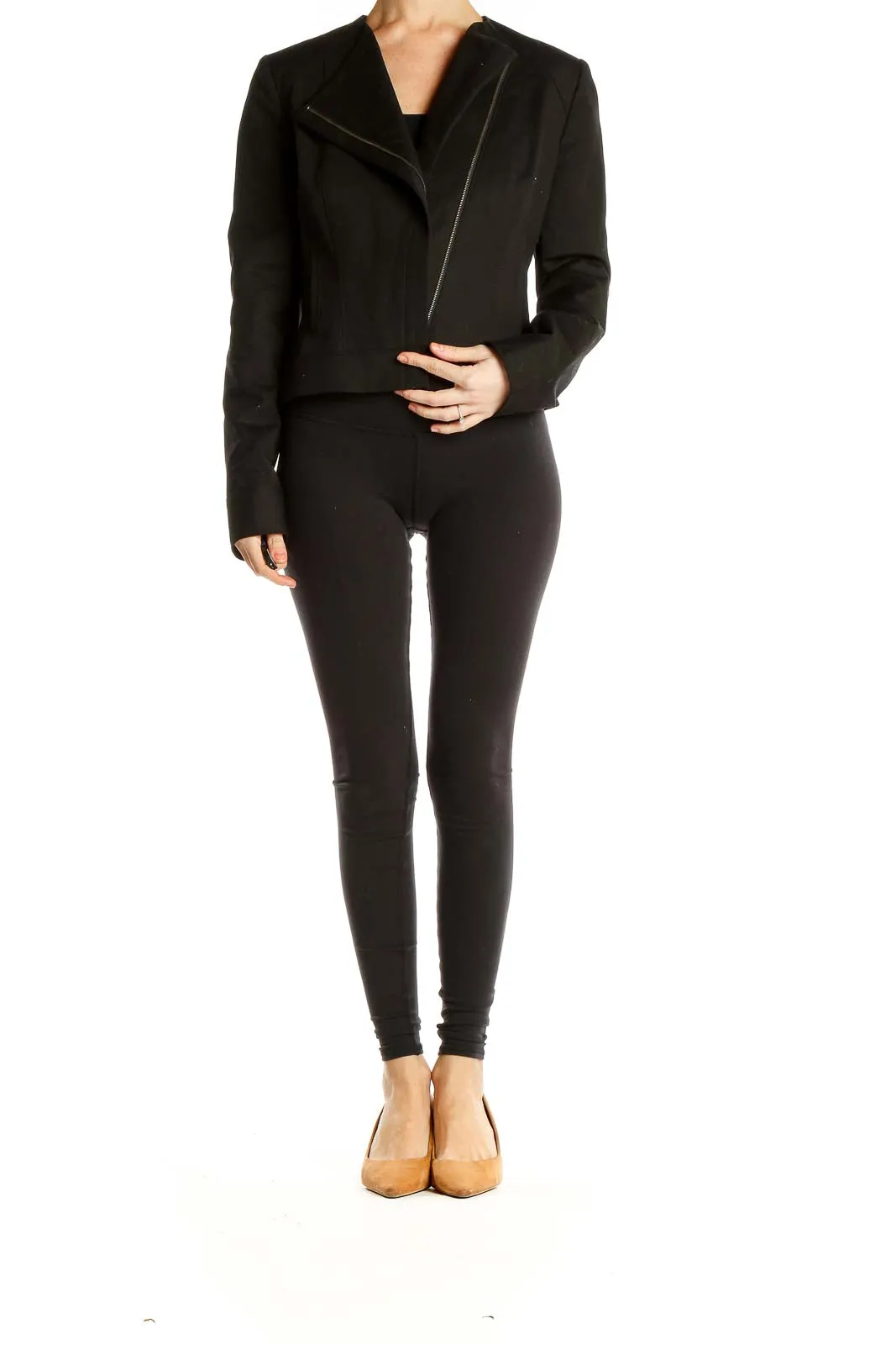 Black Asymmetrical Zip-Front Cropped Jacket