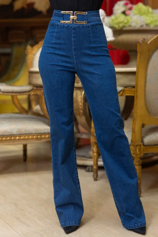 Blue Washed Denim Stretch High Waist Pants