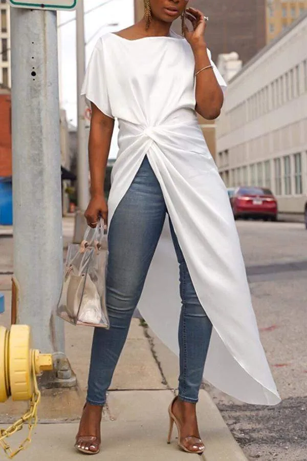 Casual Asymmetrical White Blouses