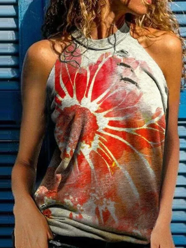 Casual Printed Sleeveless Halter Tank Tops