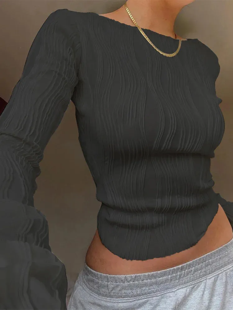 Casual Ruched Long Sleeve Skinny Tops