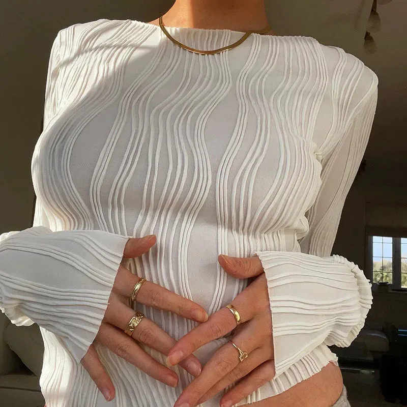 Casual Ruched Long Sleeve Skinny Tops