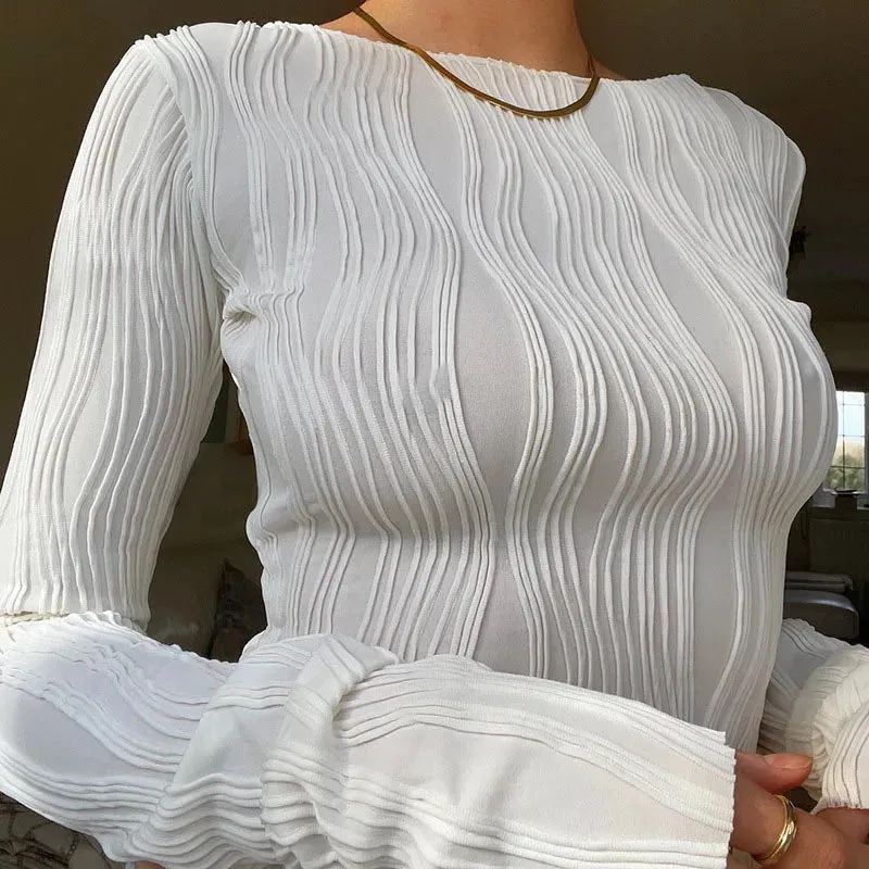 Casual Ruched Long Sleeve Skinny Tops