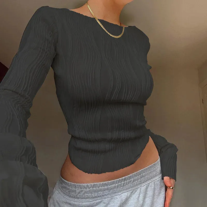 Casual Ruched Long Sleeve Skinny Tops
