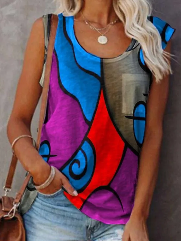 Casual Sleeveless Colorblock Tanks Tops