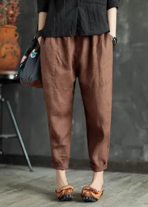 Coffee Patchwork Linen Crop Pants Elastic Waist Solid Color Summer
