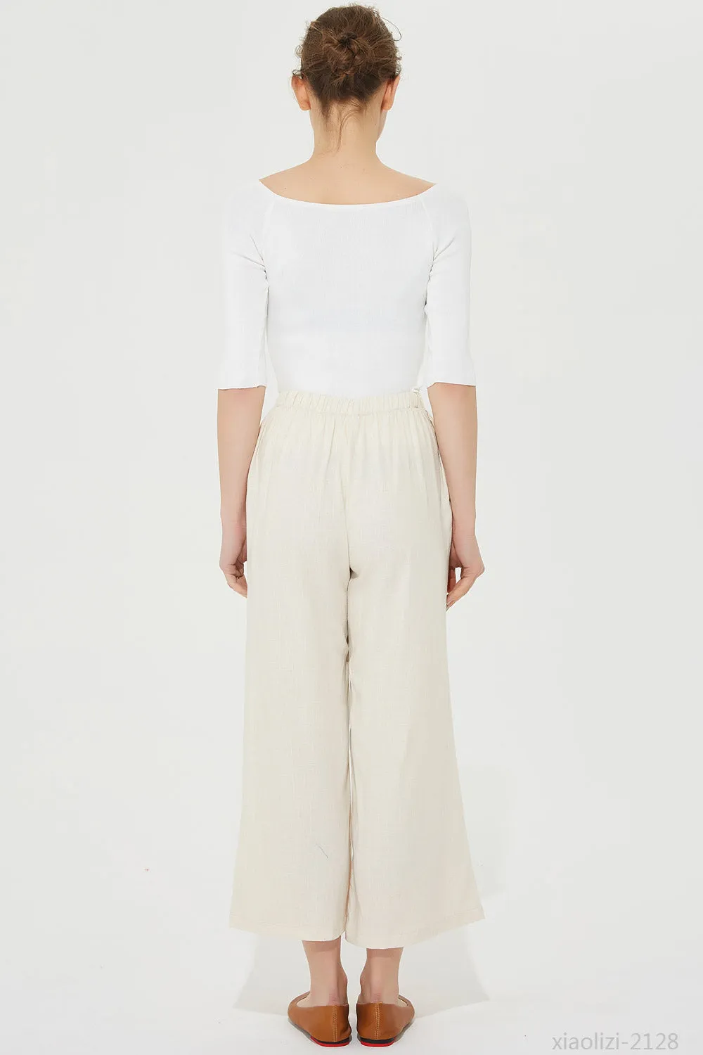elastic waist beige linen pant, summer pant for women 2128