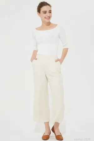 elastic waist beige linen pant, summer pant for women 2128