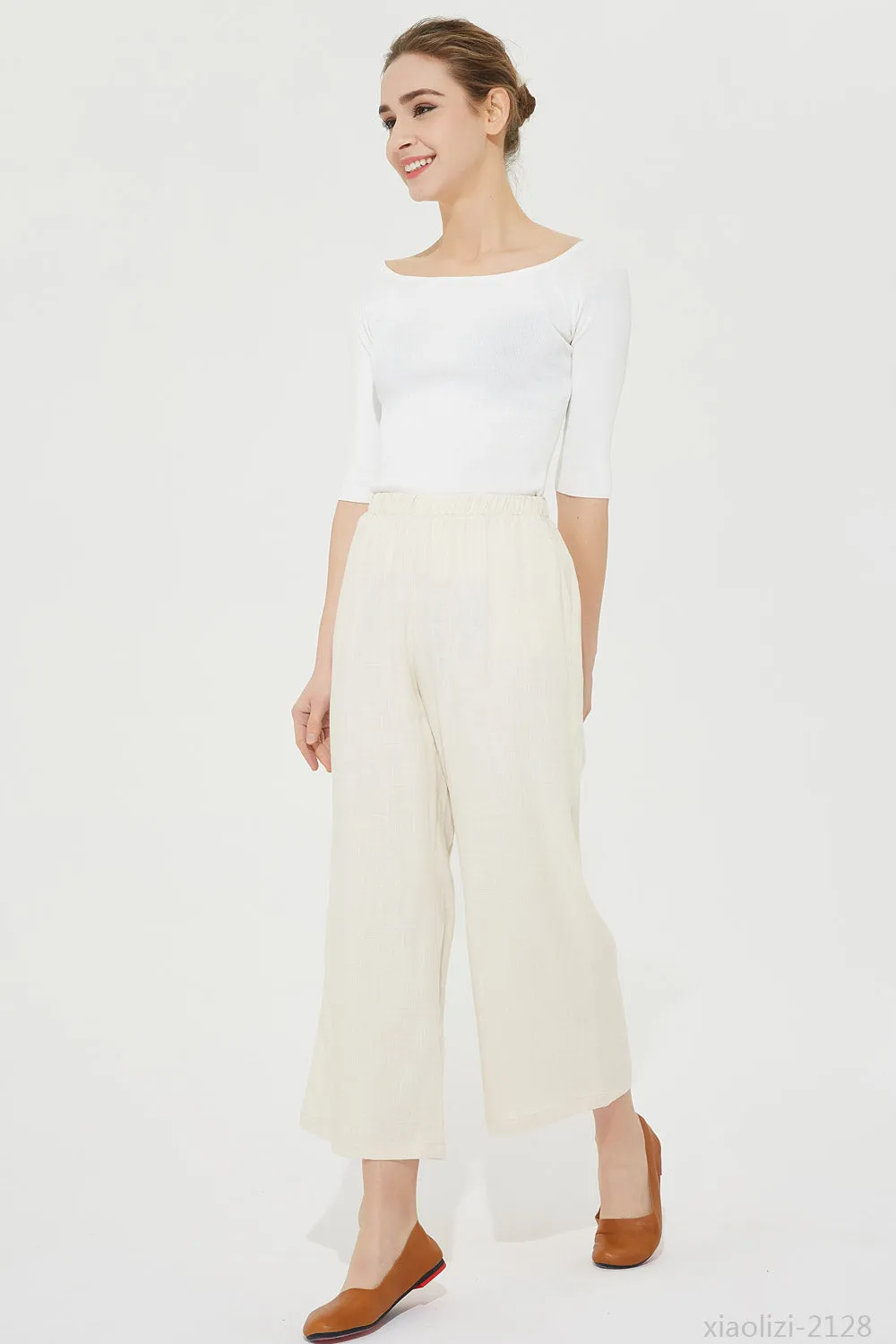 elastic waist beige linen pant, summer pant for women 2128