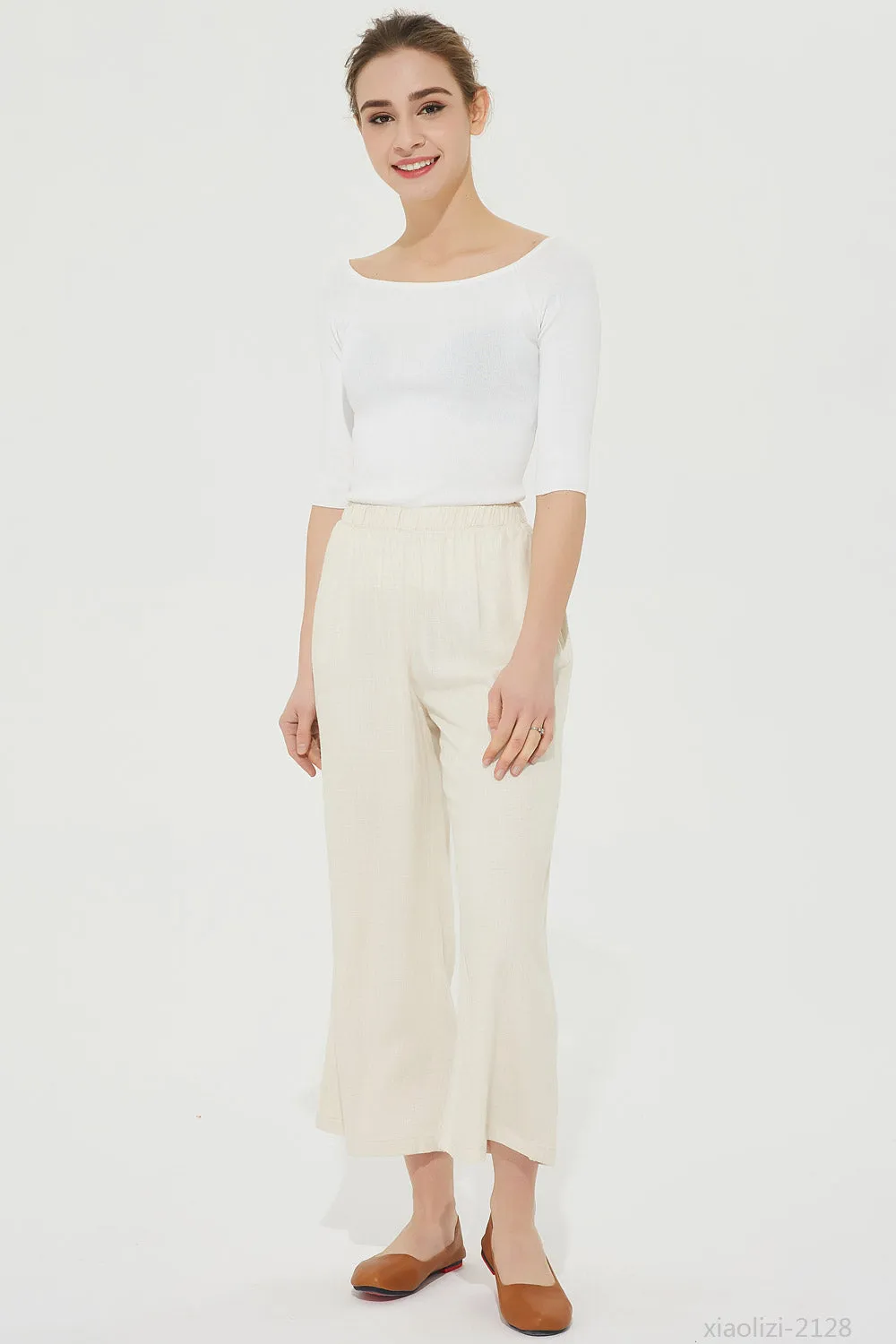 elastic waist beige linen pant, summer pant for women 2128