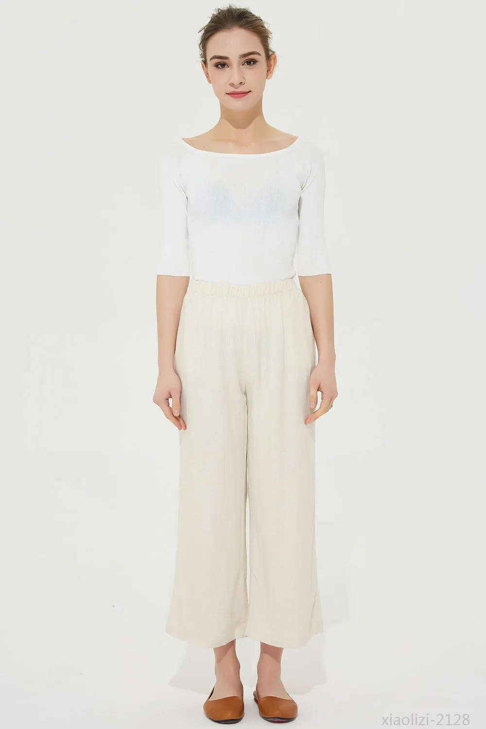 elastic waist beige linen pant, summer pant for women 2128