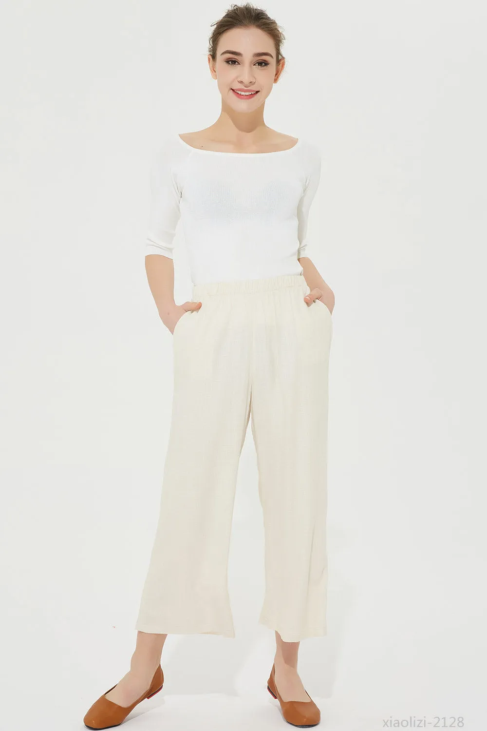 elastic waist beige linen pant, summer pant for women 2128