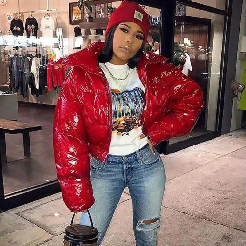 Faux Leather Women's Solid Color Shiny Bubble Cropped Puffer Bomber Jacket