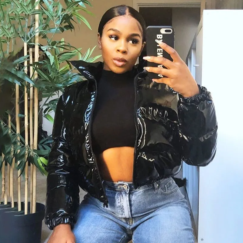 Faux Leather Women's Solid Color Shiny Bubble Cropped Puffer Bomber Jacket