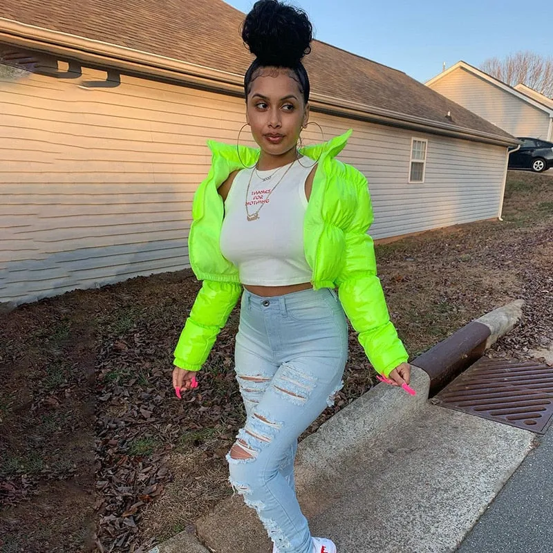Faux Leather Women's Solid Color Shiny Bubble Cropped Puffer Bomber Jacket