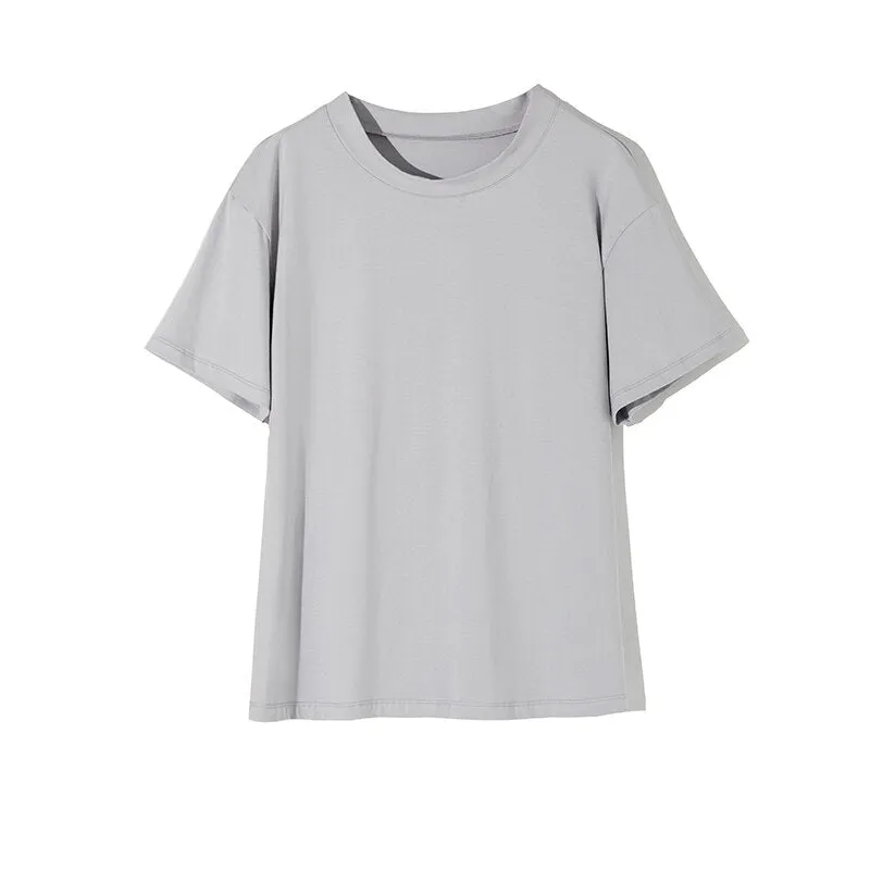 Joskaa Christmas Gift WOTWOY Summer Loose Basic Tee Shirt Women Knitted Cotton Solid T-Shirt Women O-Neck Casual Korean Tops Female Harajuku 2024 New