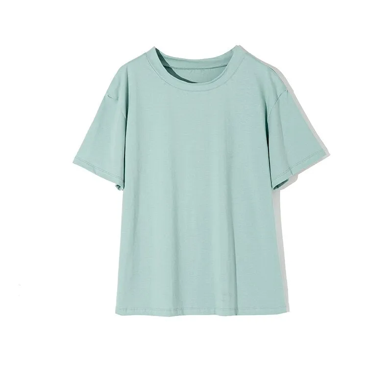 Joskaa Christmas Gift WOTWOY Summer Loose Basic Tee Shirt Women Knitted Cotton Solid T-Shirt Women O-Neck Casual Korean Tops Female Harajuku 2024 New