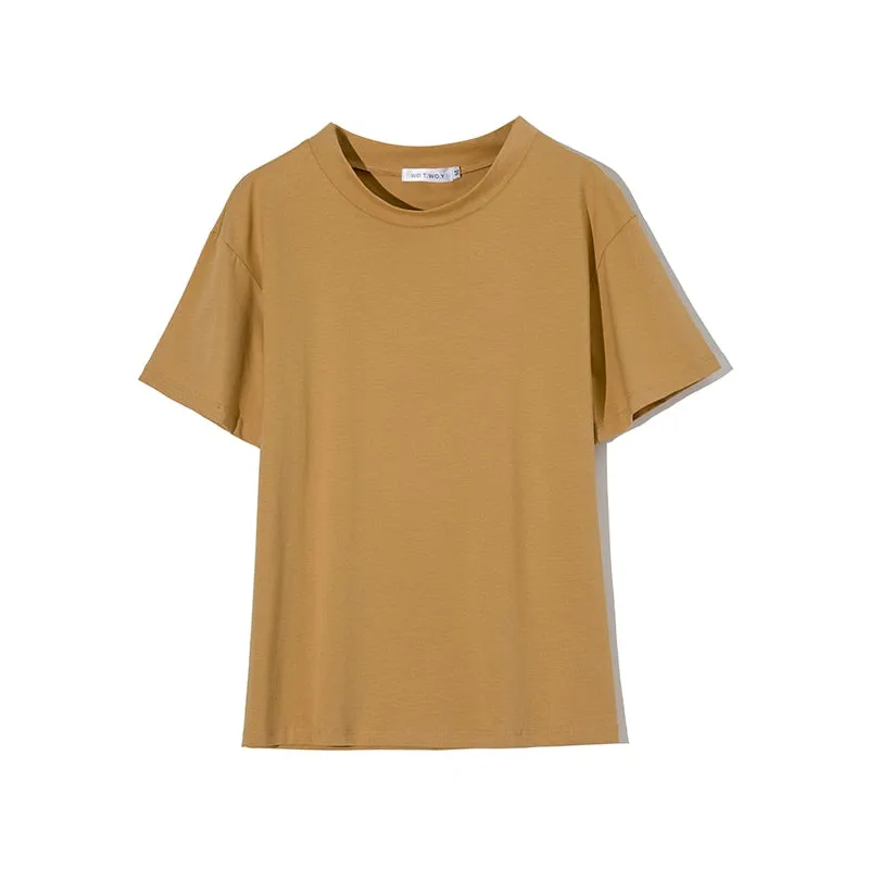 Joskaa Christmas Gift WOTWOY Summer Loose Basic Tee Shirt Women Knitted Cotton Solid T-Shirt Women O-Neck Casual Korean Tops Female Harajuku 2024 New