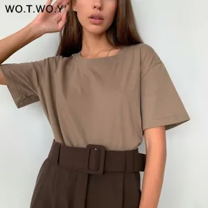 Joskaa Christmas Gift WOTWOY Summer Loose Basic Tee Shirt Women Knitted Cotton Solid T-Shirt Women O-Neck Casual Korean Tops Female Harajuku 2024 New