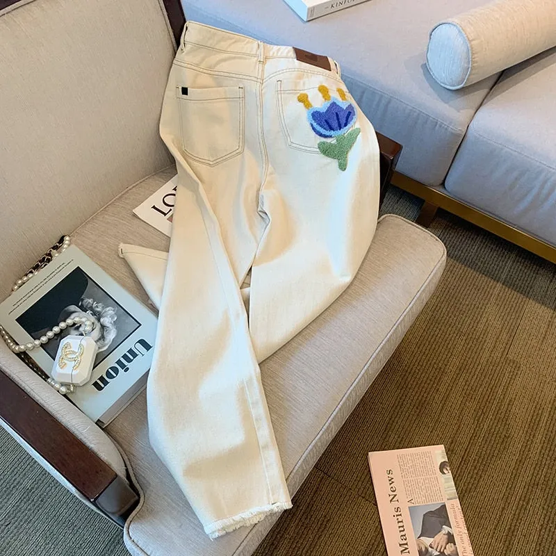 Lidia Flower Embroidery Off-White Jeans