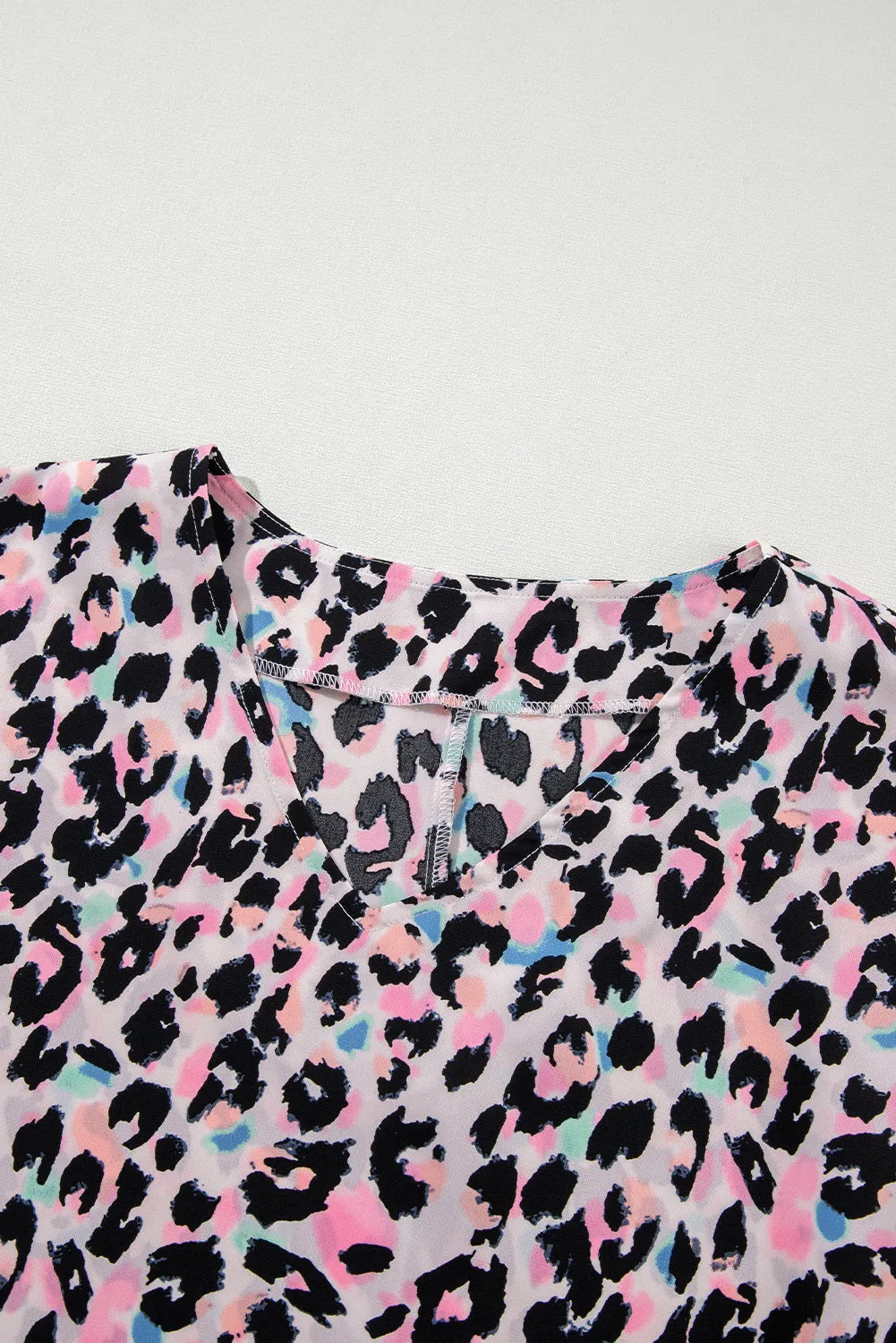 Pink Multicolor Leopard Print V Neck Oversized Blouse