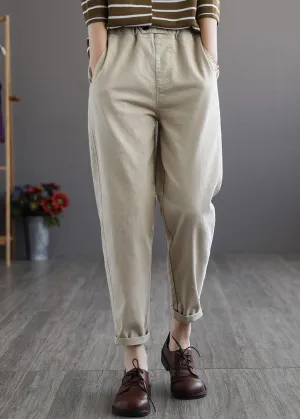 Plus Size Beige elastic waist Pockets Cotton Pants Spring
