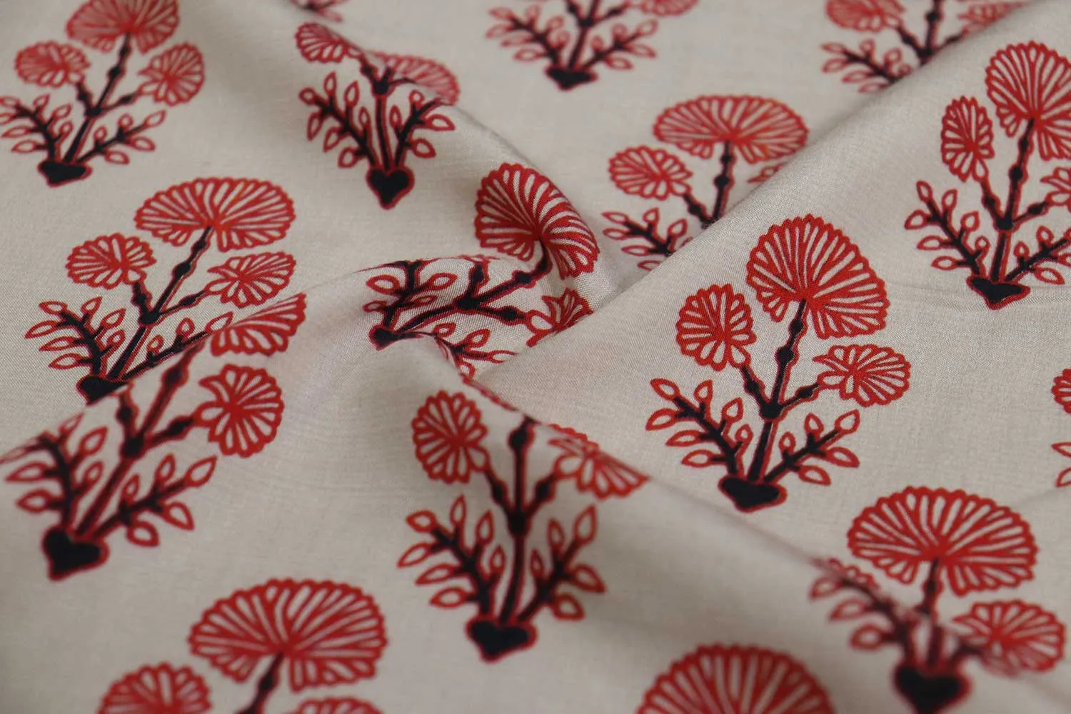 Red & White Floral Viscose Blend Fabric
