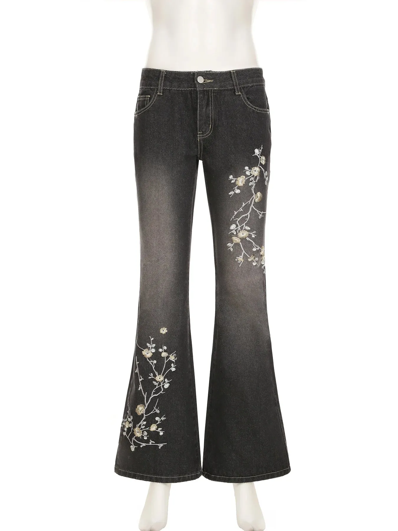 TAVIMART  -  Slim Floral Embroidery Flare Pants Y2K Grunge Casual Mid-Waisted Pants Women Autumn Spring Fashion Streetweear Lady