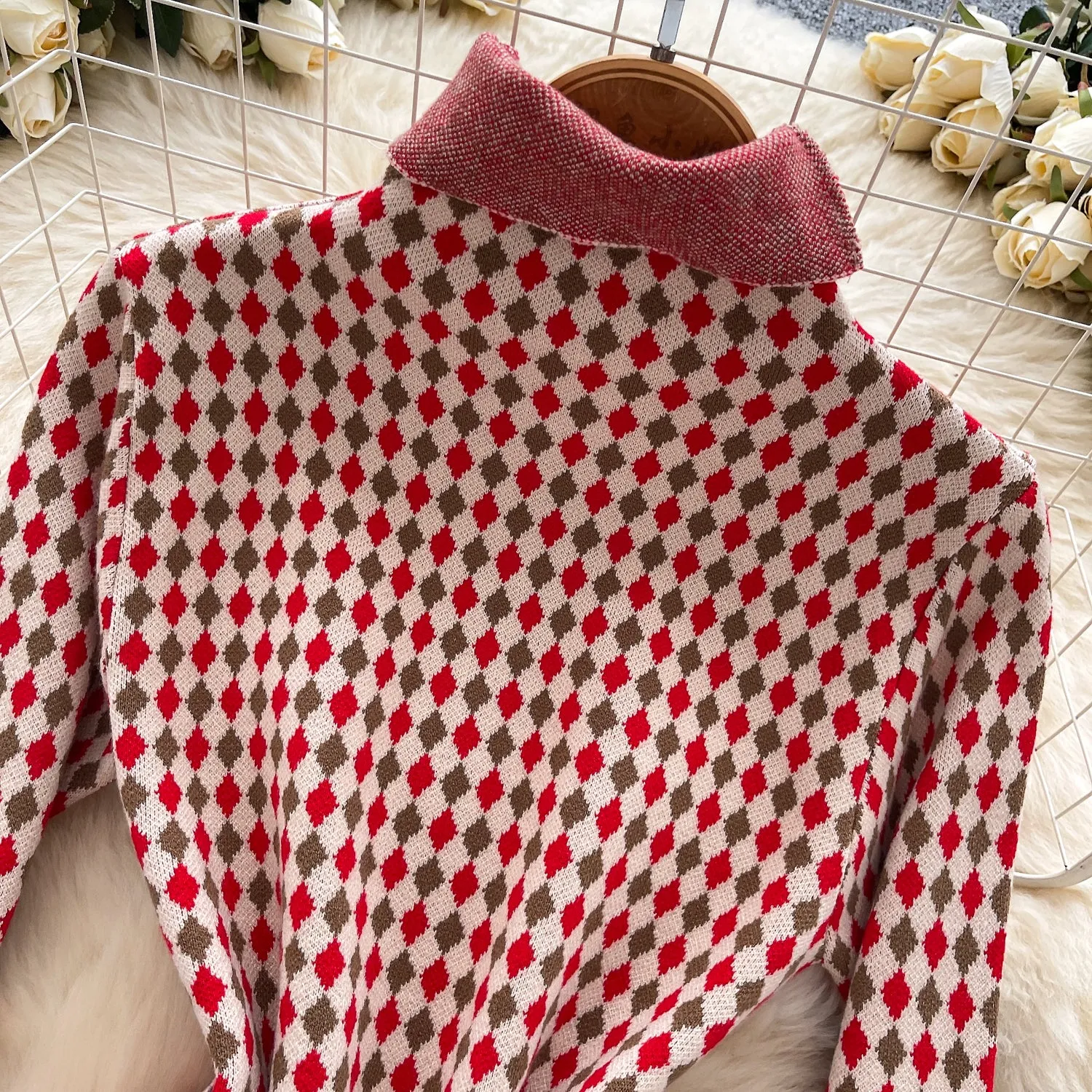 Turtleneck Lozenge Printed Knitwear