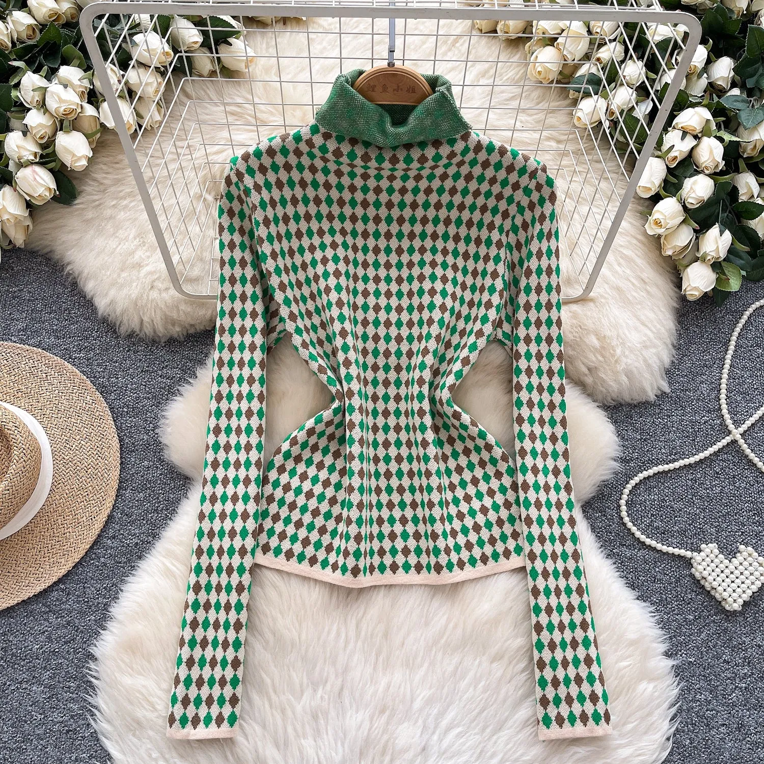 Turtleneck Lozenge Printed Knitwear