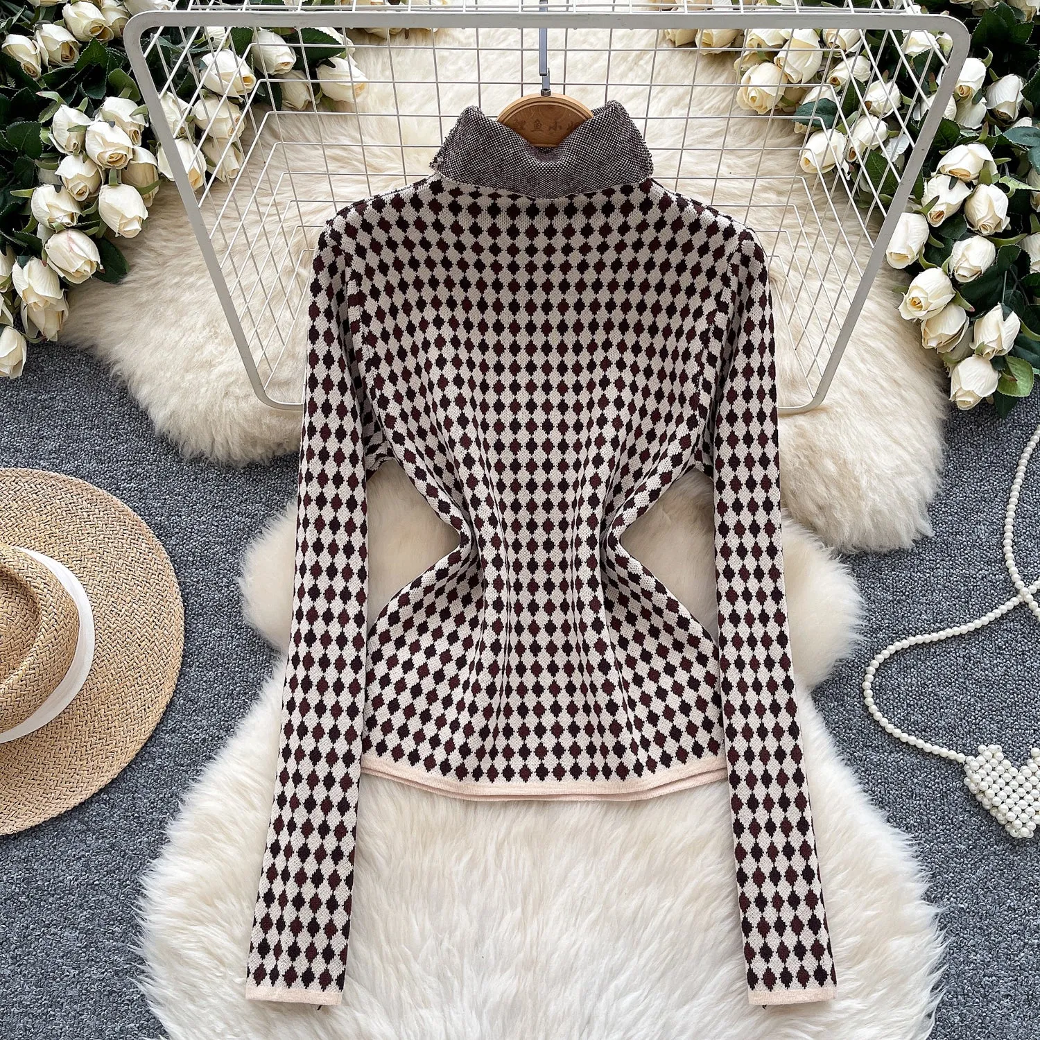 Turtleneck Lozenge Printed Knitwear