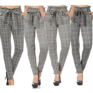 Women's High Waisted Pants Plaid Paper Bag Waist Side Pockets Waist Tie Bottoms
