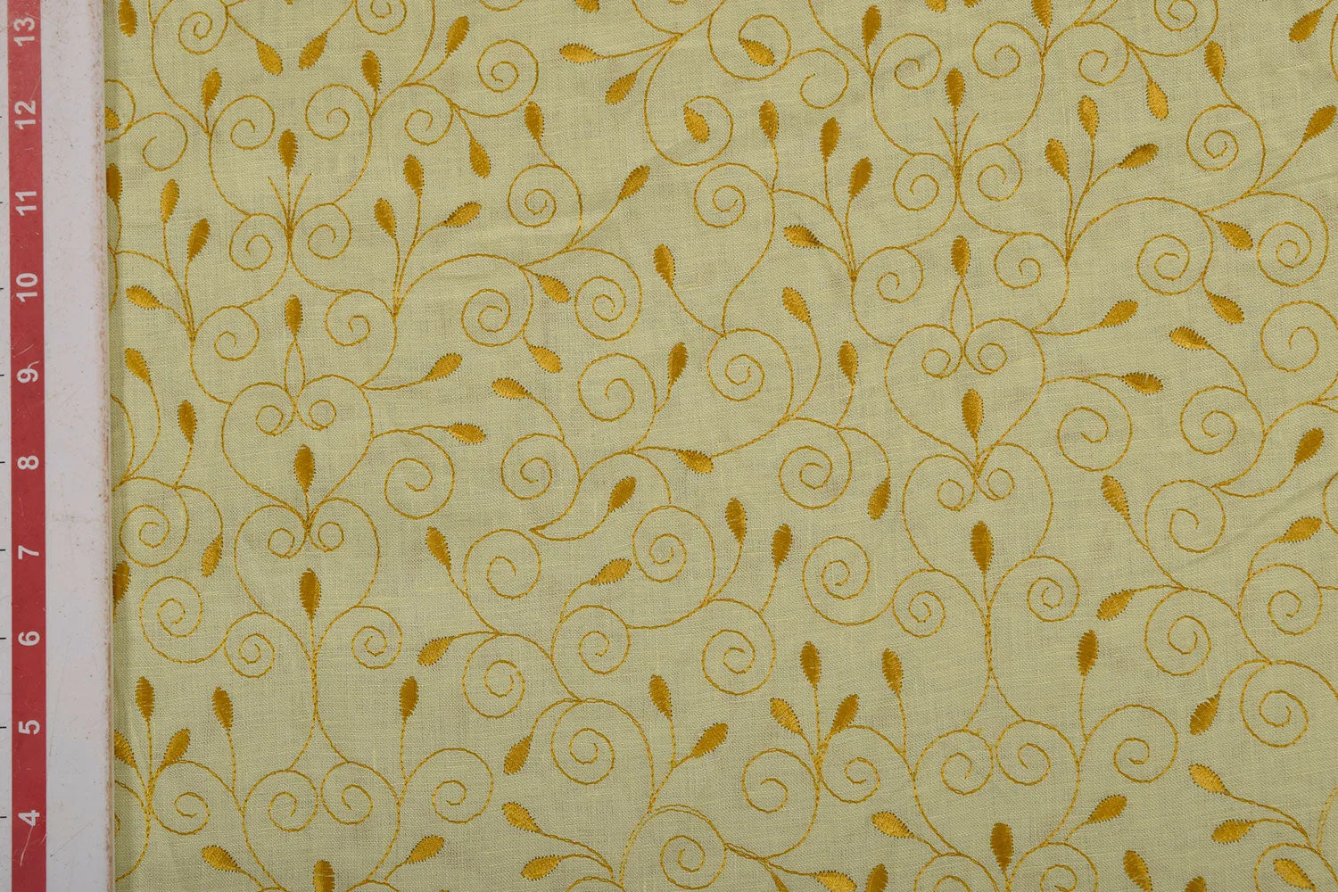 Yellow Floral Embroidered Linen  Fabric