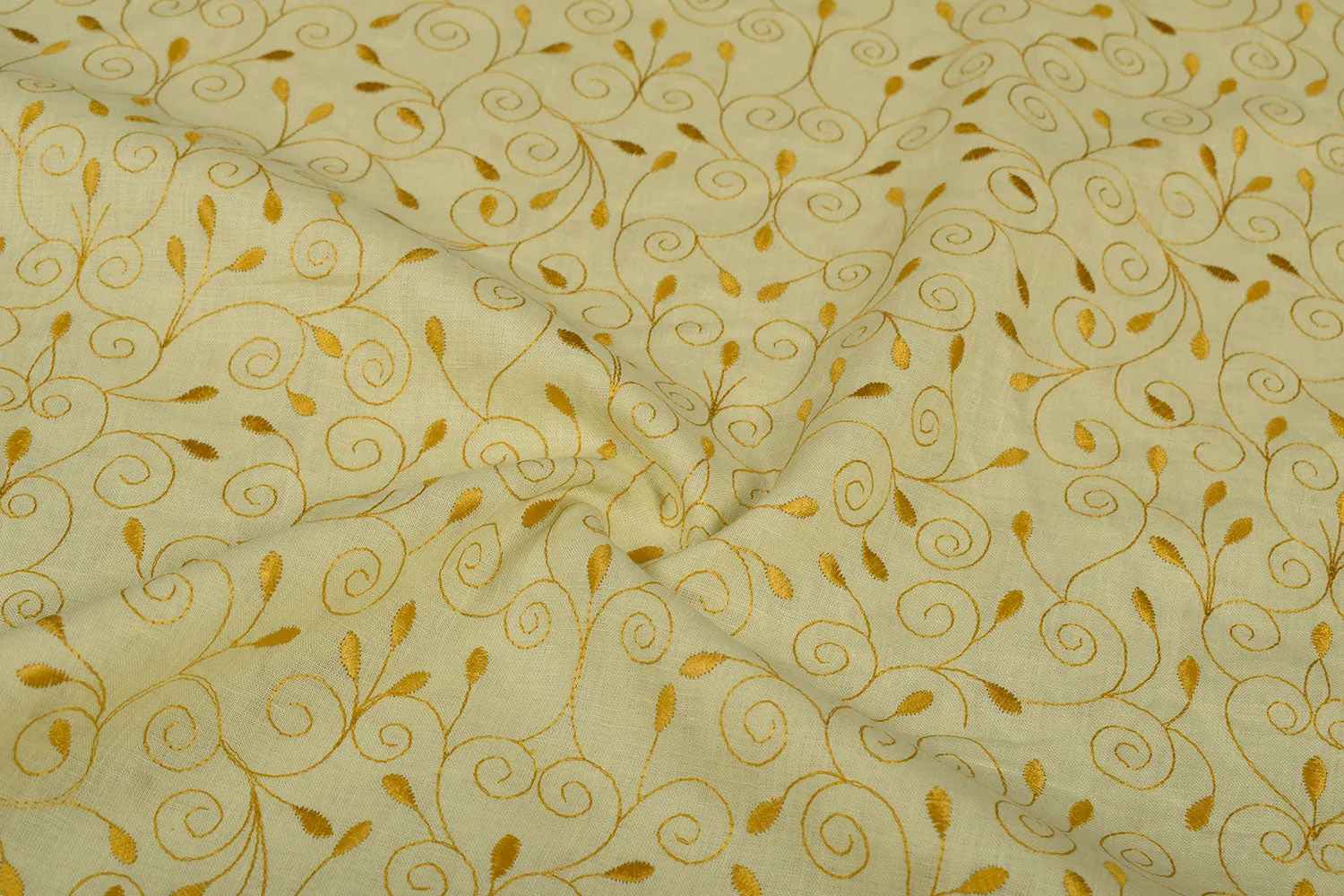 Yellow Floral Embroidered Linen  Fabric